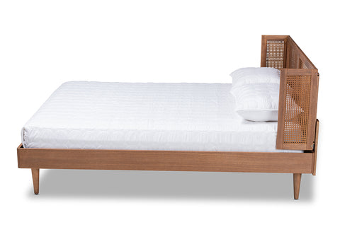 Baxton Studio Rina Mid-Century Modern Ash Wanut Finished Wood and Synthetic Rattan Queen Size Platform Bed with Wrap-Around Headboard