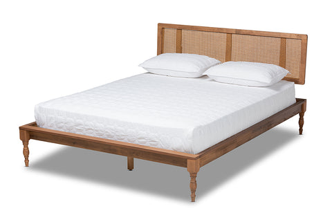 Baxton Studio Romy Vintage French Inspired Ash Wanut Finished Wood and Synthetic Rattan Full Size Platform Bed