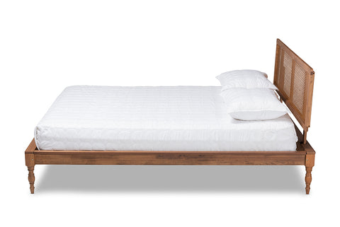 Baxton Studio Romy Vintage French Inspired Ash Wanut Finished Wood and Synthetic Rattan Queen Size Platform Bed