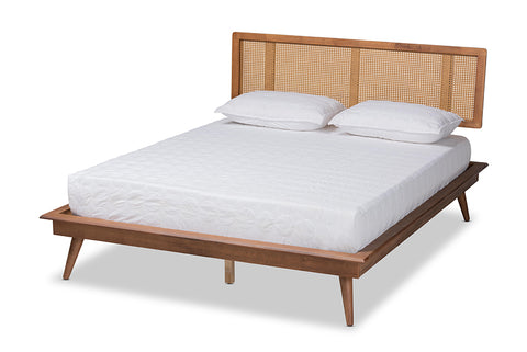 Baxton Studio Nura Mid-Century Modern Walnut Brown Finished Wood and Synthetic Rattan Queen Size Platform Bed