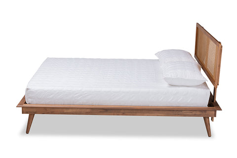 Baxton Studio Nura Mid-Century Modern Walnut Brown Finished Wood and Synthetic Rattan Queen Size Platform Bed