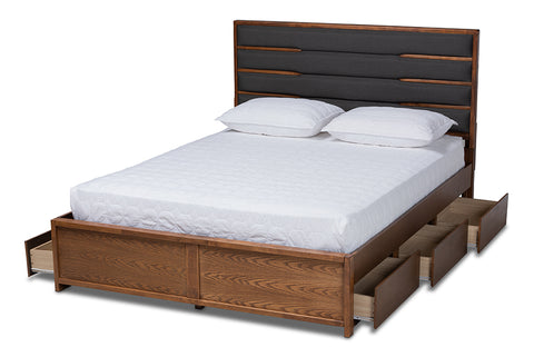 Baxton Studio Elin Modern and Contemporary Dark Grey Fabric Upholstered Walnut Finished Wood King Size Platform Storage Bed with Six Drawers