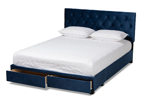 Baxton Studio Caronia Modern and Contemporary Navy Blue Velvet Fabric Upholstered 2-Drawer Queen Size Platform Storage Bed