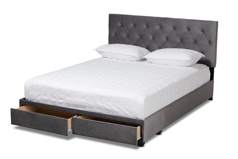 Baxton Studio Caronia Modern and Contemporary Grey Velvet Fabric Upholstered 2-Drawer Queen Size Platform Storage Bed