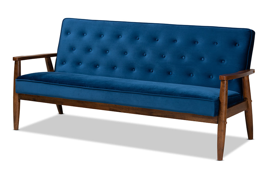 Baxton Studio Sorrento Mid-century Modern Navy Blue Velvet Fabric Upholstered Walnut Finished Wooden 3-seater Sofa