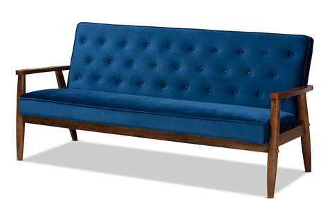 Baxton Studio Sorrento Mid-century Modern Navy Blue Velvet Fabric Upholstered Walnut Finished Wooden 3-seater Sofa