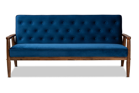 Baxton Studio Sorrento Mid-century Modern Navy Blue Velvet Fabric Upholstered Walnut Finished Wooden 3-seater Sofa
