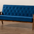 Baxton Studio Sorrento Mid-century Modern Navy Blue Velvet Fabric Upholstered Walnut Finished Wooden 3-seater Sofa