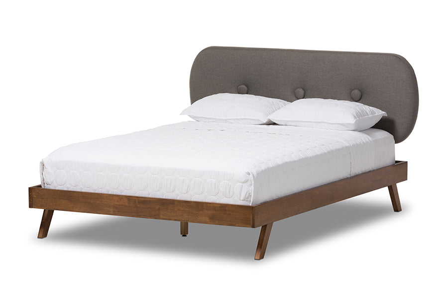 Baxton Studio Penelope Mid-Century Modern Solid Walnut Wood Grey Fabric Upholstered Queen Size Platform Bed