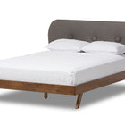 Baxton Studio Penelope Mid-Century Modern Solid Walnut Wood Grey Fabric Upholstered Queen Size Platform Bed