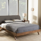 Baxton Studio Penelope Mid-Century Modern Solid Walnut Wood Grey Fabric Upholstered Queen Size Platform Bed