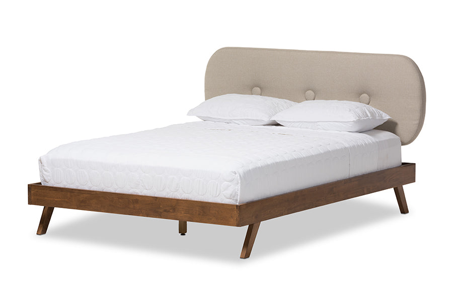 Baxton Studio Penelope Mid-Century Modern Solid Walnut Wood Light Beige Fabric Upholstered Queen Size Platform Bed