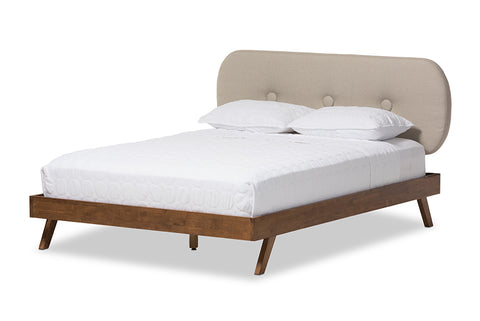 Baxton Studio Penelope Mid-Century Modern Solid Walnut Wood Light Beige Fabric Upholstered Queen Size Platform Bed