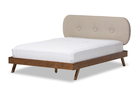 Baxton Studio Penelope Mid-Century Modern Solid Walnut Wood Light Beige Fabric Upholstered Queen Size Platform Bed