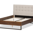 Baxton Studio Mitchell Rustic Industrial Walnut Wood Beige Fabric Dark Bronze Metal Queen Size Platform Bed