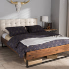Baxton Studio Mitchell Rustic Industrial Walnut Wood Beige Fabric Dark Bronze Metal Queen Size Platform Bed