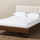 Baxton Studio Mitchell Rustic Industrial Walnut Wood Beige Fabric Dark Bronze Metal Queen Size Platform Bed