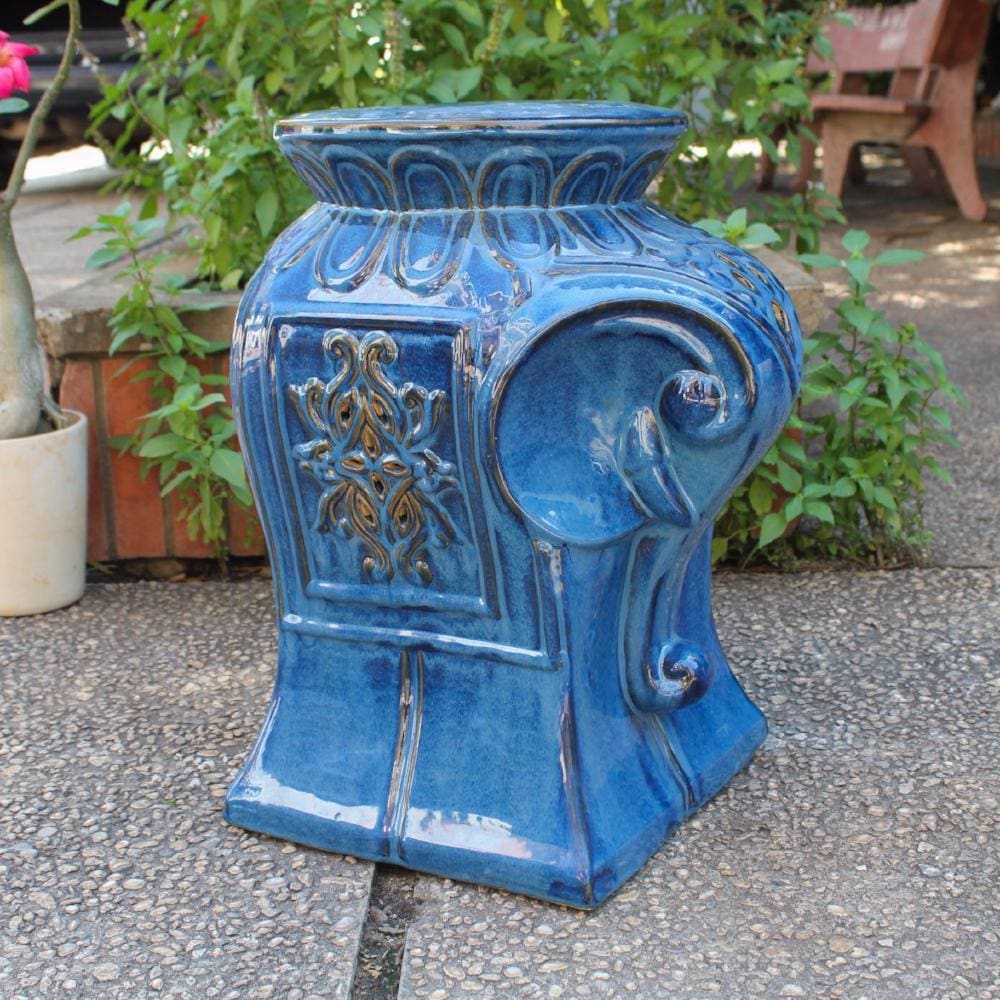 International Caravan Contemporary Elephant Ceramic Garden Stool - Navy Blue Glaze - Outdoor Furniture
