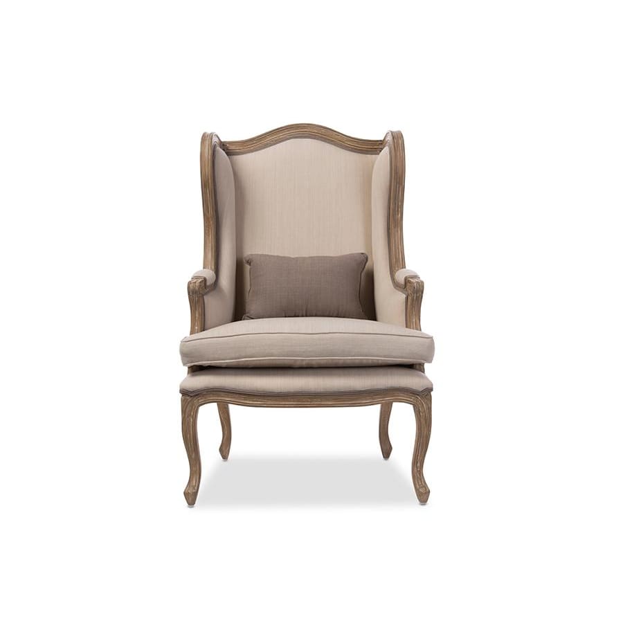 Baxton Studio Oreille French Provincial Style White Wash Distressed Two-tone Beige Upholstered Armchair - Living Room Furniture