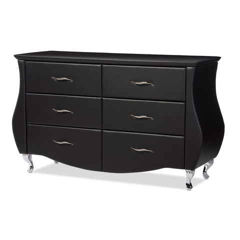 Baxton Studio Enzo Modern and Contemporary Black Faux Leather 6-Drawer Dresser - Bedroom Furniture