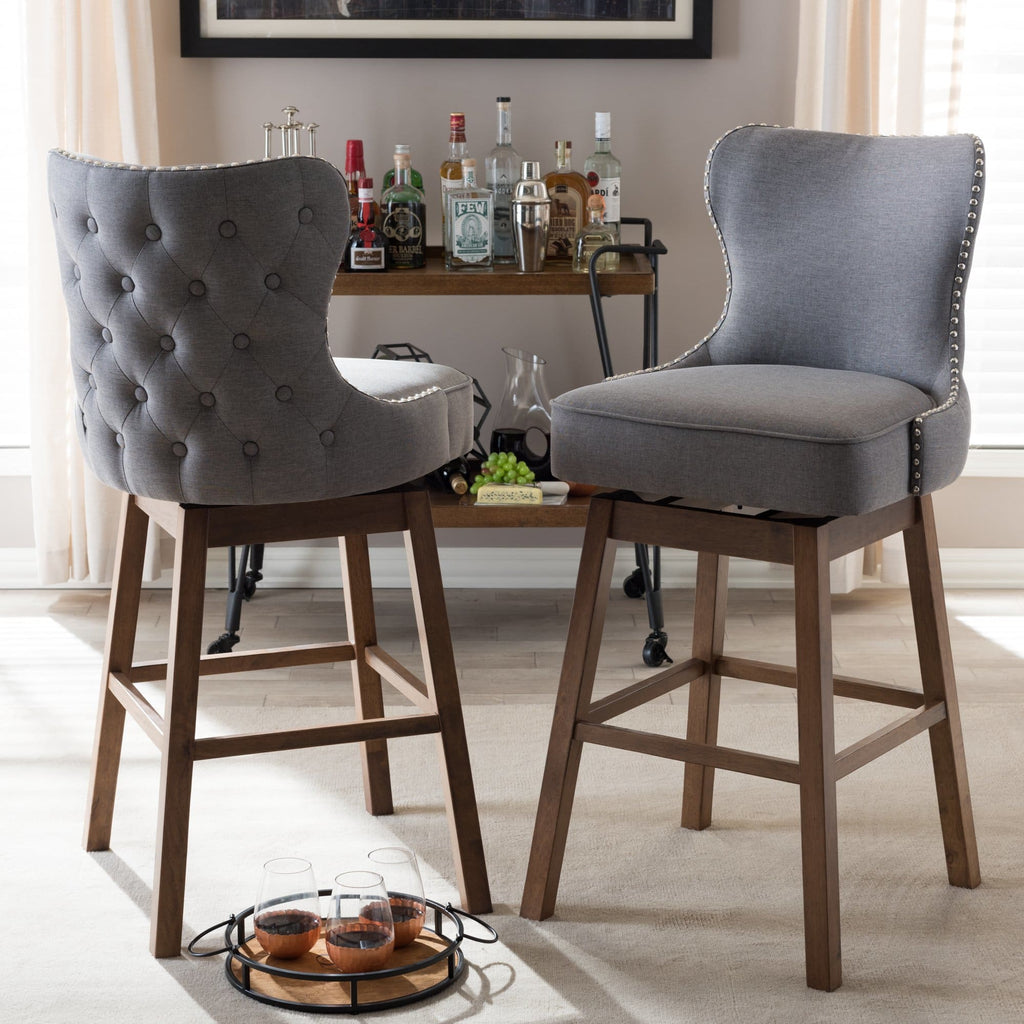 Baxton Studio Gradisca Modern and Contemporary Brown Wood Finishing and Grey Fabric Button-Tufted Upholstered Swivel Barstool - Bar