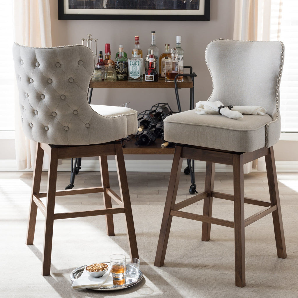 Baxton Studio Gradisca Modern and Contemporary Brown Wood Finishing and Light Beige Fabric Button-Tufted Upholstered Swivel Barstool - Bar