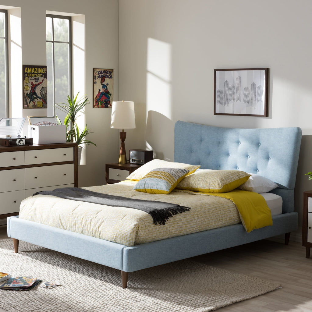 Baxton Studio Hannah Mid-Century Modern Sky Blue King Size Fabric Platform Bed - Bedroom Furniture