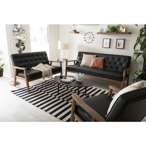 Baxton Studio Sorrento Mid-century Retro Modern Black Faux Leather Upholstered Wooden 3 Piece Living room Set - Living Room Furniture
