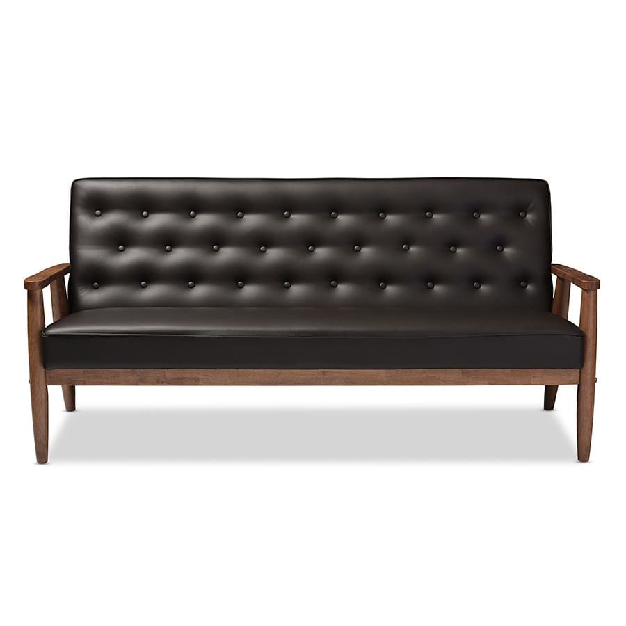 Baxton Studio Sorrento Mid-century Retro Modern Brown Faux Leather Upholstered Wooden 3-seater Sofa - Living Room Furniture