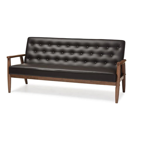 Baxton Studio Sorrento Mid-century Retro Modern Brown Faux Leather Upholstered Wooden 3-seater Sofa - Living Room Furniture