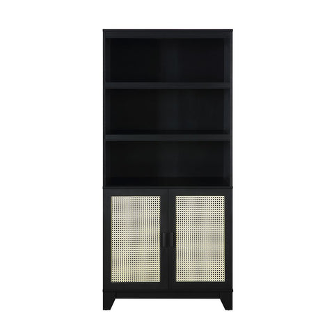 Manhattan Comfort Sheridan Modern Cane Bookcase with Adjustable Shelves in Black