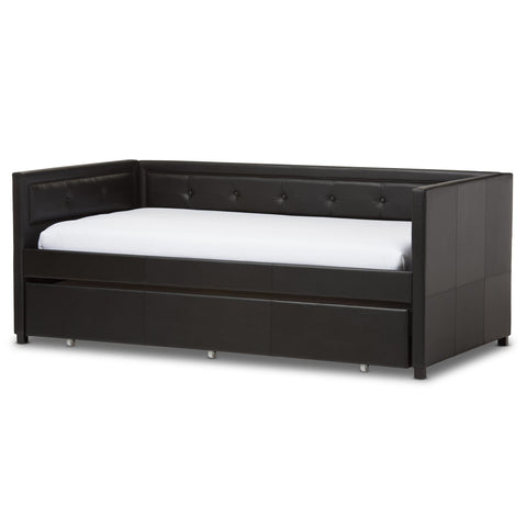 Baxton Studio Frank Modern and Contemporary Black Faux Leather Button-Tufting Sofa Twin Daybed with Roll-Out Trundle Guest Bed - Kids Room