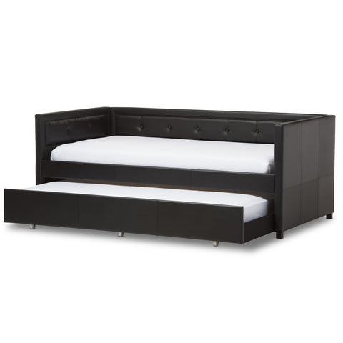 Baxton Studio Frank Modern and Contemporary Black Faux Leather Button-Tufting Sofa Twin Daybed with Roll-Out Trundle Guest Bed - Kids Room
