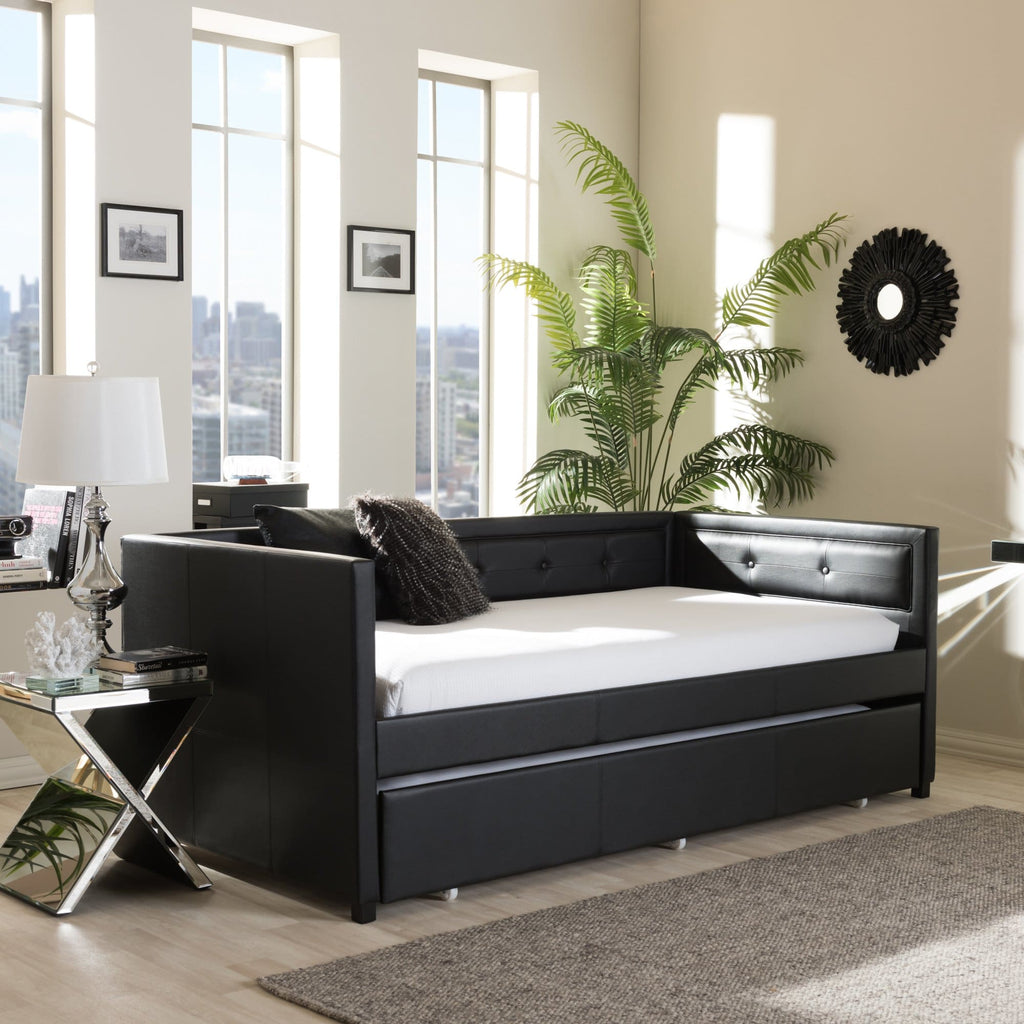 Baxton Studio Frank Modern and Contemporary Black Faux Leather Button-Tufting Sofa Twin Daybed with Roll-Out Trundle Guest Bed - Kids Room