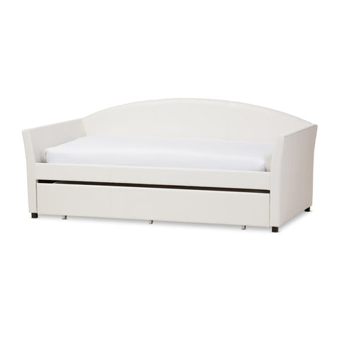 Baxton Studio London Modern and Contemporary White Faux Leather Arched Back Sofa Twin Daybed with Roll-Out Trundle Guest Bed - Kids Room