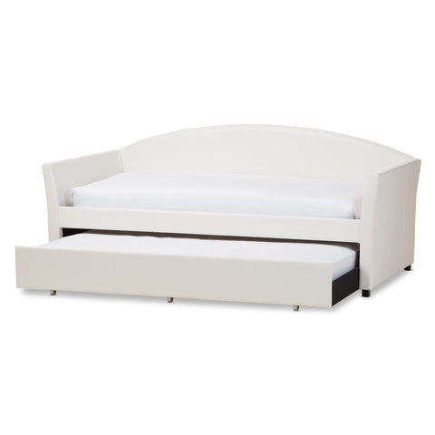 Baxton Studio London Modern and Contemporary White Faux Leather Arched Back Sofa Twin Daybed with Roll-Out Trundle Guest Bed - Kids Room