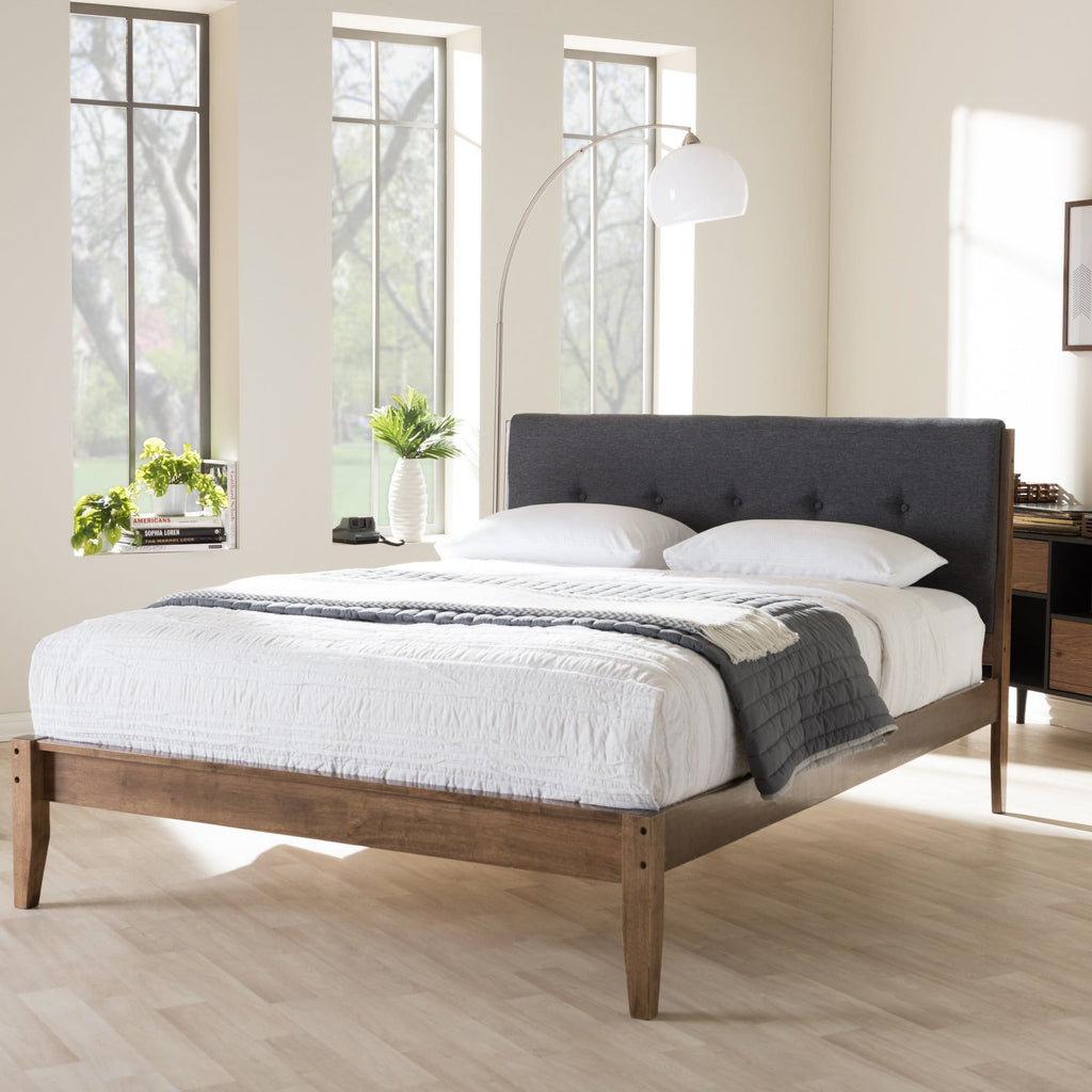 Baxton Studio Leyton Mid-Century Modern Grey Fabric Upholstered King Size Platform Bed - Bedroom Furniture