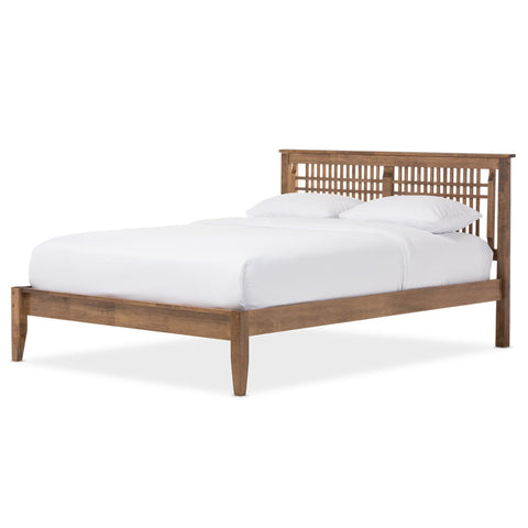 Baxton Studio Loafey Mid-Century Modern Solid Walnut Wood Window-Pane Style Queen Size Platform Bed - Bedroom Furniture