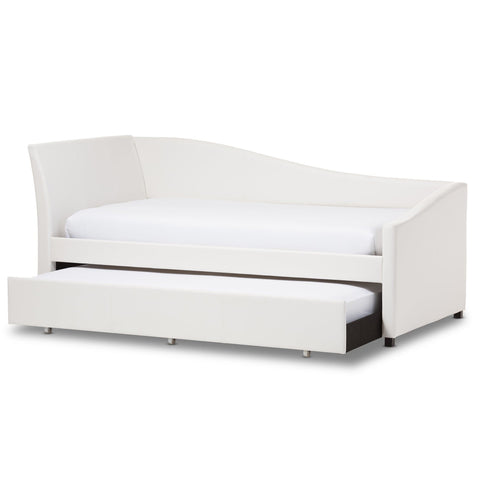 Baxton Studio Vera Modern and Contemporary White Faux Leather Upholstered Curved Sofa Twin Daybed with Roll-Out Trundle Guest Bed - Kids