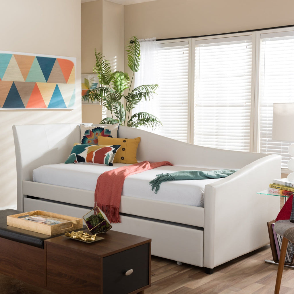 Baxton Studio Vera Modern and Contemporary White Faux Leather Upholstered Curved Sofa Twin Daybed with Roll-Out Trundle Guest Bed - Kids