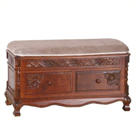 International Caravan Windsor Carved Wood Two-drawer Storage Bench with Cushioned Top - Walnut - Benches