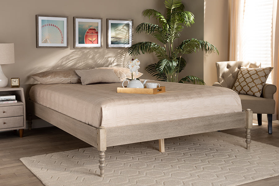 Baxton Studio Cielle French Bohemian Antique White Oak Finished Wood Queen Size Platform Bed Frame
