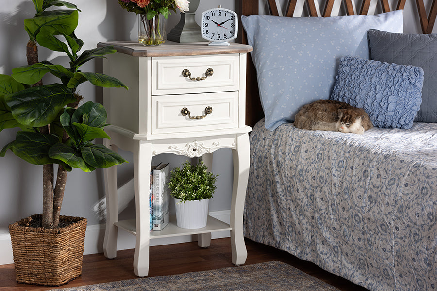 Baxton Studio Amalie Antique French Country Cottage Two-Tone White and Oak Finished 2-Drawer Wood End Table