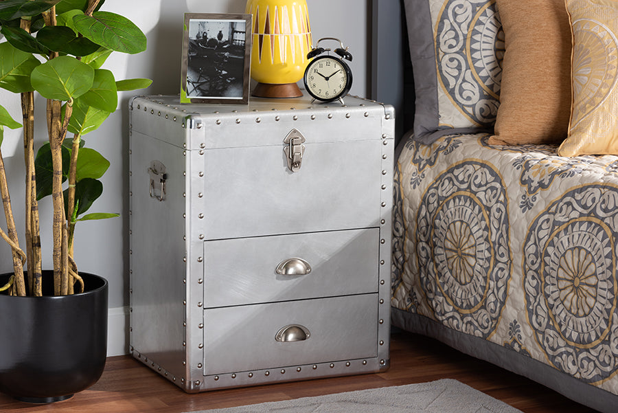 Baxton Studio Serge French Industrial Silver Metal 2-Drawer Accent Storage Cabinet