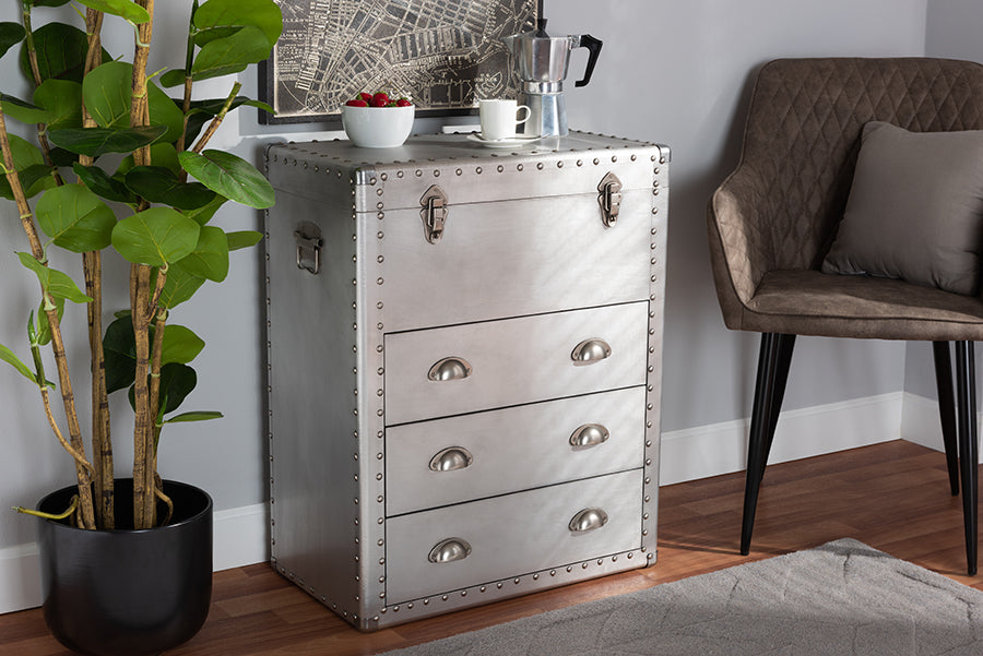 Baxton Studio Serge French Industrial Silver Metal 3-Drawer Accent Storage Cabinet