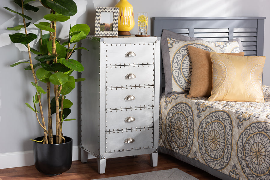 Baxton Studio Carel French Industrial Silver Metal 5-Drawer Accent Storage Cabinet