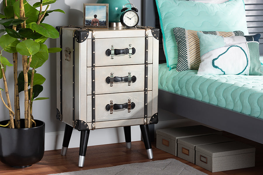 Baxton Studio Dilan Vintage Industrial Antique Silver Finished Metal Trunk Inspired 3-Drawer End Table