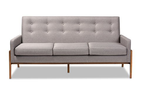 Baxton Studio Perris Mid-Century Modern Light Grey Fabric Upholstered Walnut Finished Wood Sofa