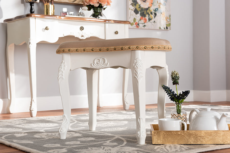 Baxton Studio Gabrielle Traditional French Country Provincial Sand Velvet Fabric Upholstered White-Finished Wood Vanity Ottoman