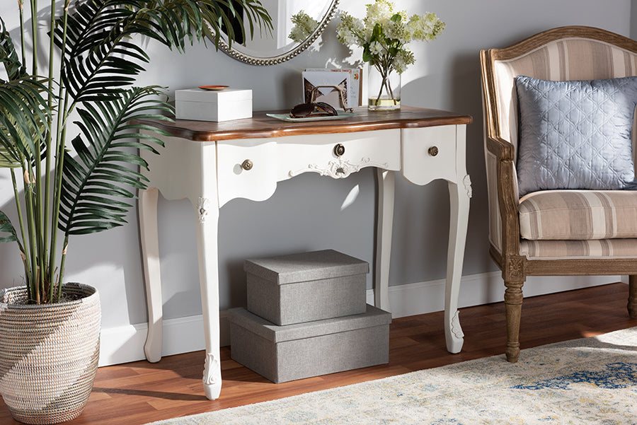 Baxton Studio Sophie Classic Traditional French Country White and Brown Finished Small 3-Drawer Wood Console Table
